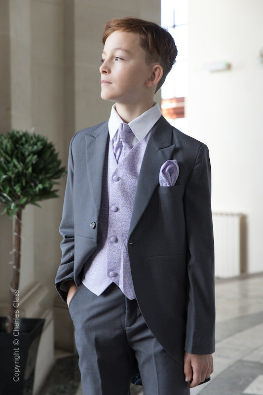 light gray suit with purple tie