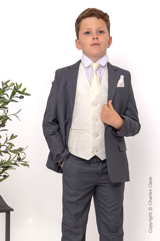 grey suit with ivory tie