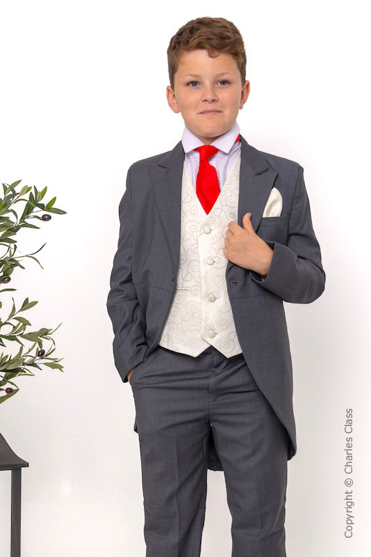 Boys Grey Ivory Tail Coat Suit with Red Tie Charles Class