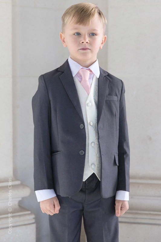Boys Grey & Ivory Suit with Pale Pink Tie - Oliver