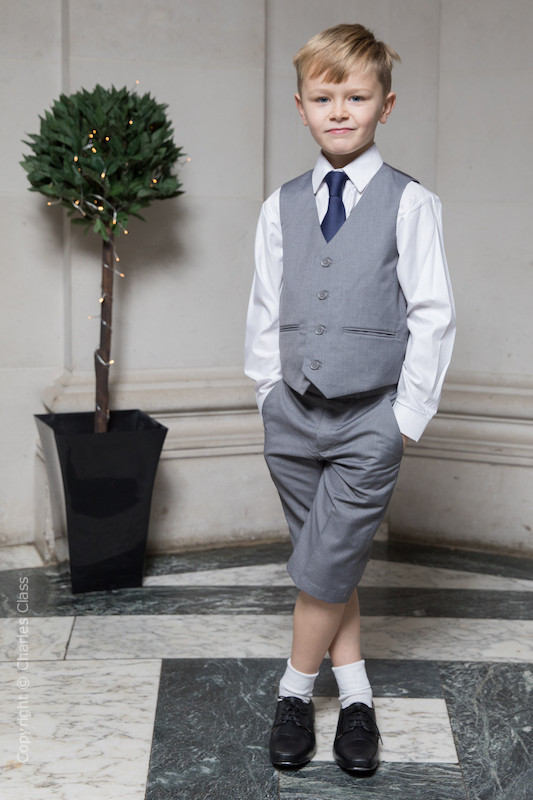 Boys Light Grey Shorts Suit with Navy Tie | Page Boy Wedding Suit