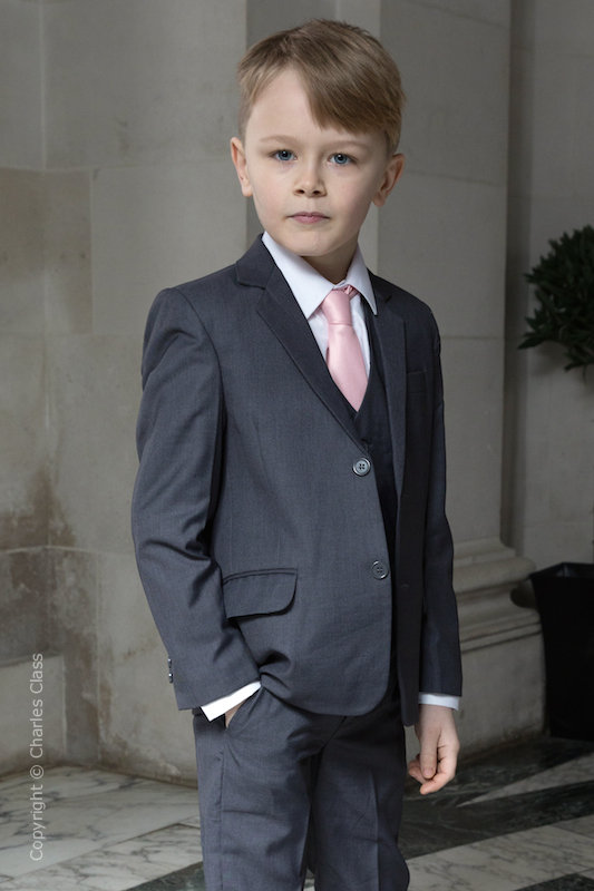 Boys Mid Grey Wedding Suit with Pale Pink Dickie Bow | Charles Class