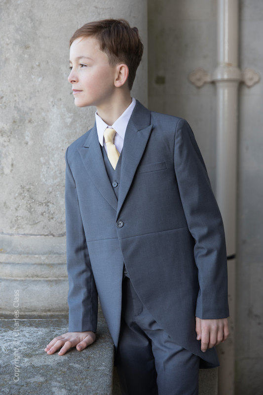 Boys Grey Tail Coat Wedding Suit with Gold Satin Tie Charles Class