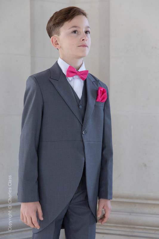 Boys Grey Tail Coat Suit with Hot Pink Bow Tie Set Charles Class