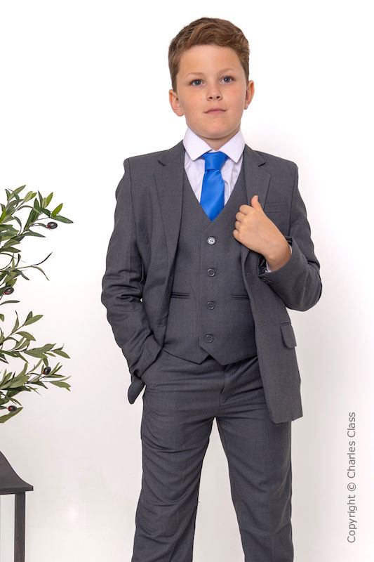 Boys Mid Grey Wedding Suit with Royal Blue Satin Tie Charles Class