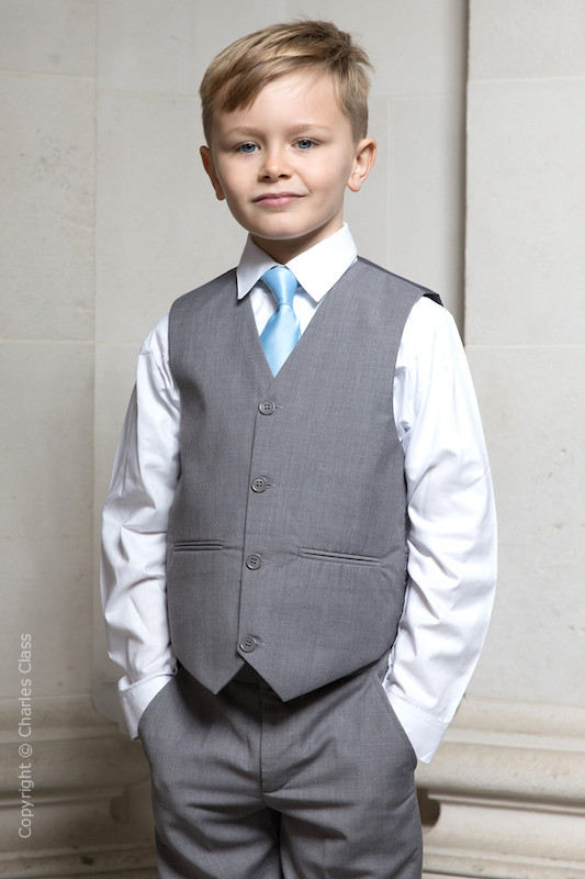 Boys Light Grey Trouser Suit with Sky Blue Tie Boys Wedding Suit