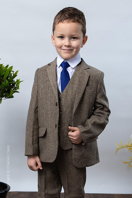 Boys Brown Soft Herringbone Tweed Jacket Suit - Benjamin