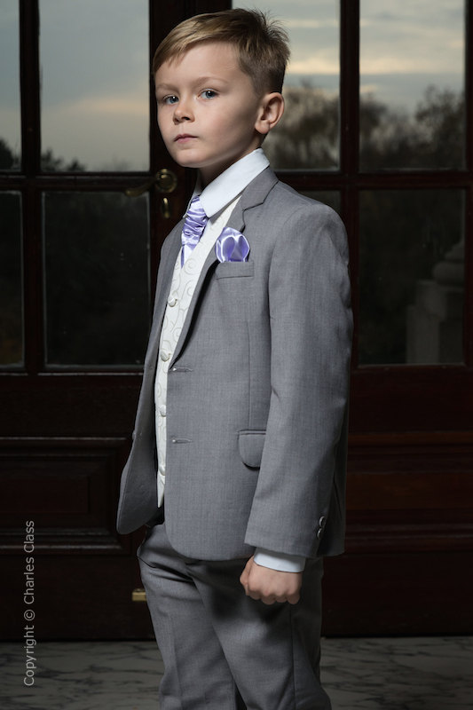 Boys Light Grey Ivory Suit Boys Suit & Lilac Cravat Charles Class