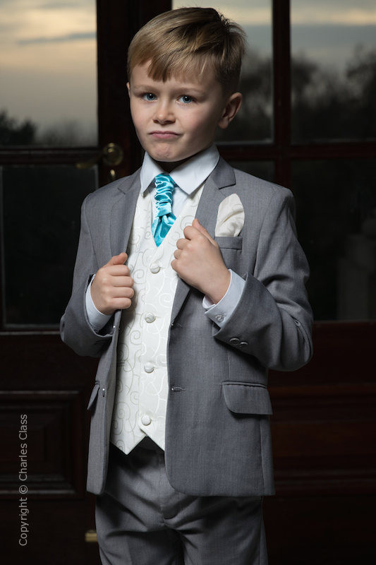 Boys Light Grey & Ivory Suit with Turquoise Cravat - Tobias