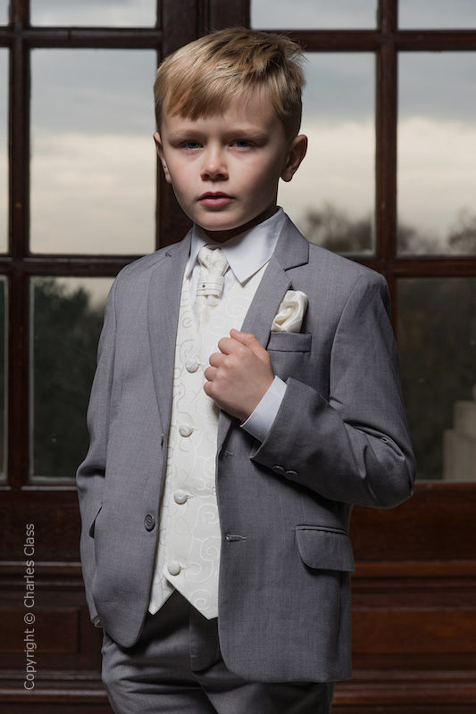 grey suit ivory shirt