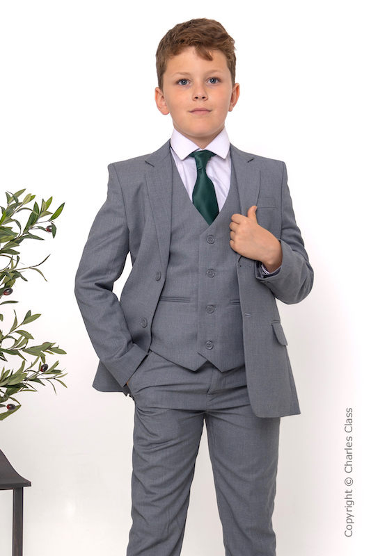 Boys Light Grey Wedding Suit with Dark Green Satin Tie Charles Class