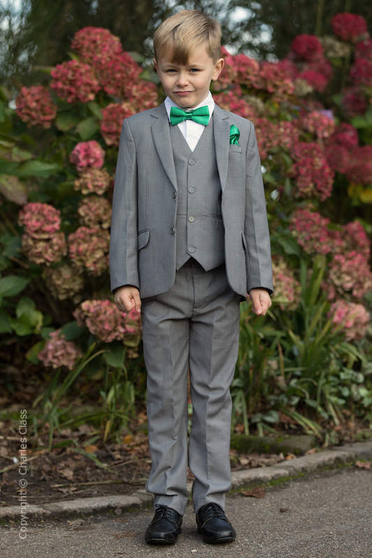 Boys Light Grey Wedding Suit Boys Suit with Emerald Bow Tie Set