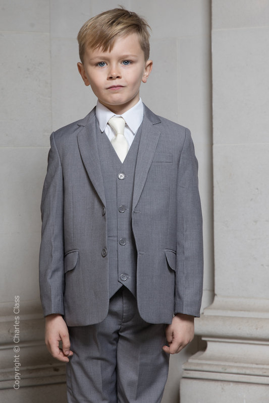 Boys Light Grey Wedding Suit with Ivory Satin Tie Charles Class