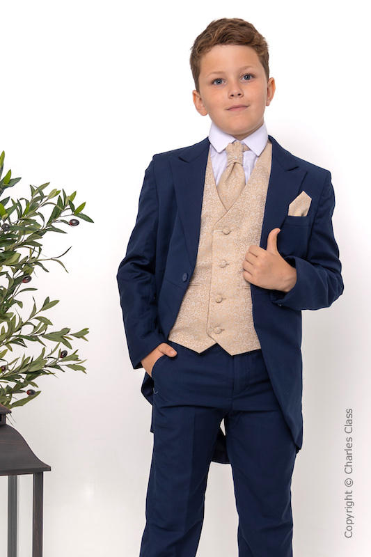 Champagne Tie Navy Suit Boys Navy Champagne Scroll Tail Coat Suit