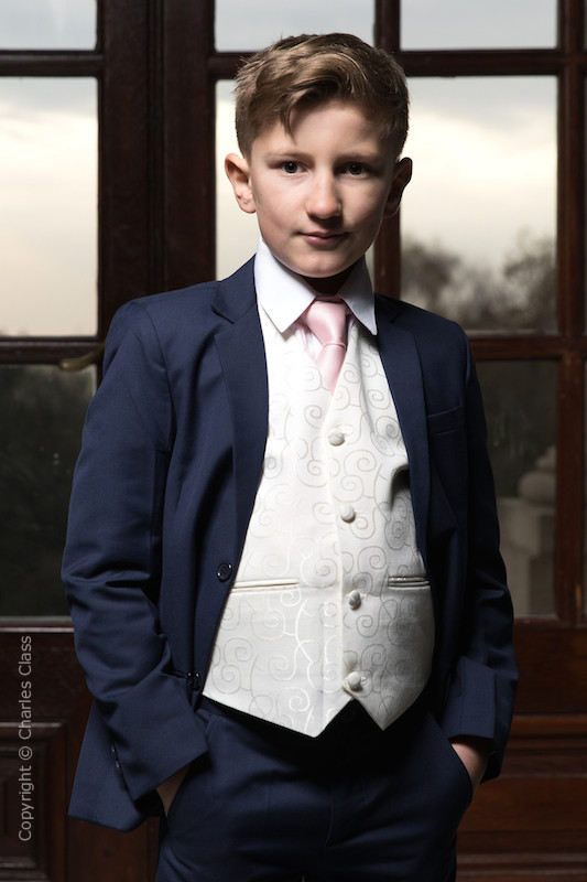 Boys Navy & Ivory Suit with Pale Pink Tie - Jaspar