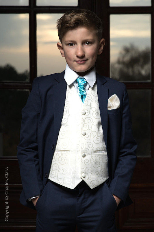 Boys Navy & Ivory Suit with Turquoise Cravat - Jaspar