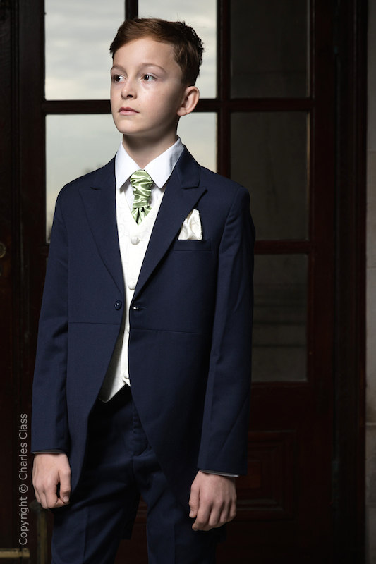 Boys Navy Ivory Tail Coat Suit with Mustard Green Cravat | Charles Class