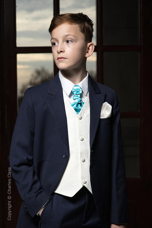 Boys Navy & Ivory Tail Suit with Turquoise Cravat - Darcy