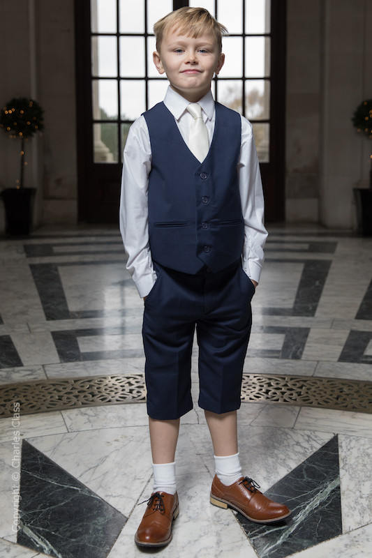 Boys Navy Shorts Summer Wedding Suit with Ivory Tie Charles Class