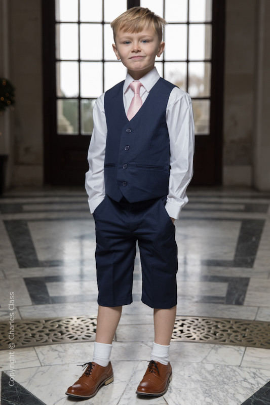 Boys Navy Shorts Suit with Pale Pink Tie - Leo