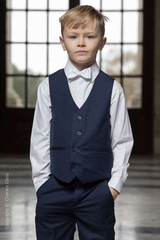 Boys Shirt & Silk Shorts 2 Piece Suit White & Navy