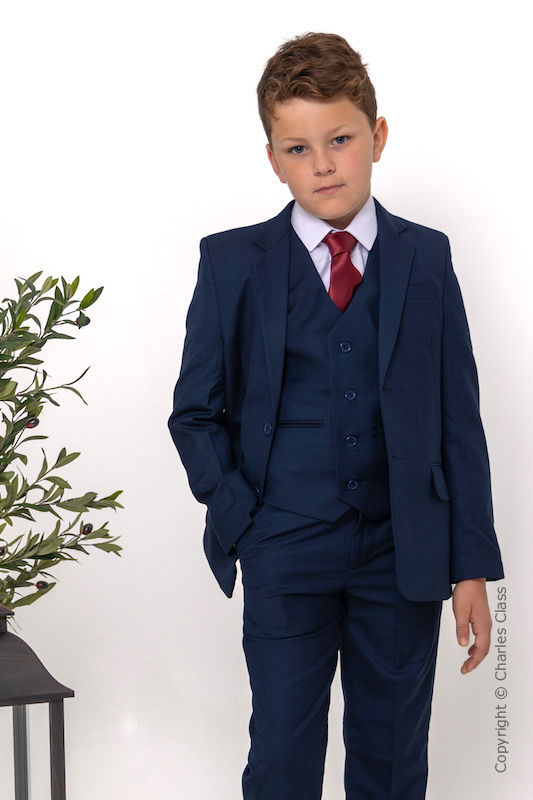 Boys Navy Wedding Suit with Burgundy Satin Tie Charles Class