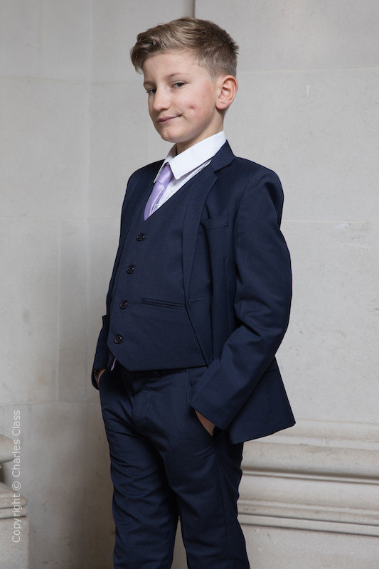 blue suit lilac shirt