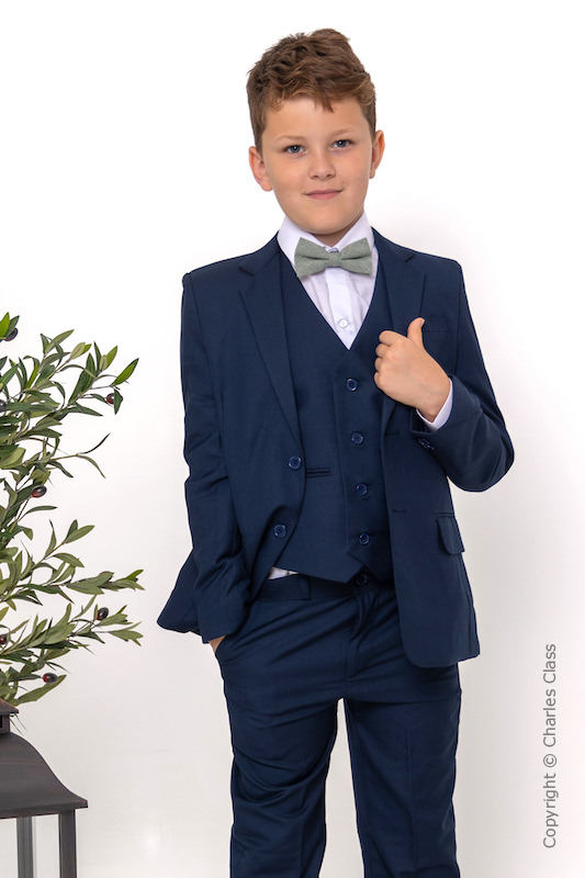 Boys Navy Wedding Suit with Sage Green Textured Dickie Bow Tie