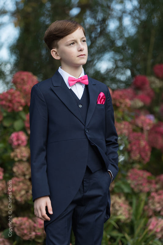 Boys Navy Tail Coat Suit with Hot Pink Dickie Bow Set Charles Class
