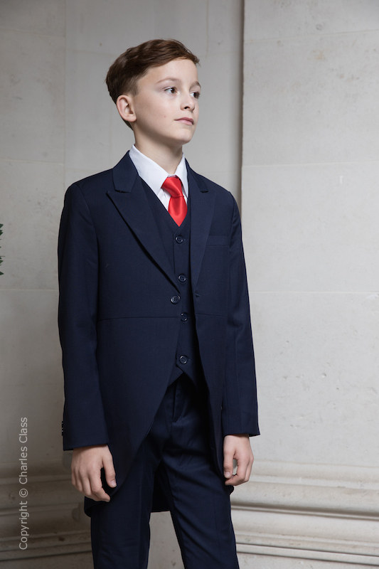 Boys Navy Tail Coat Wedding Suit with Red Satin Tie | Charles Class