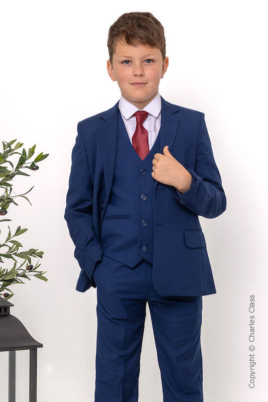 Boys Royal Blue Wedding Suit with Burgundy Satin Tie | Charles Class