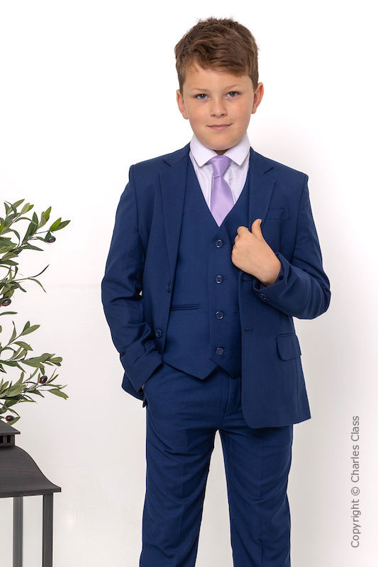 royal blue suit with purple tie