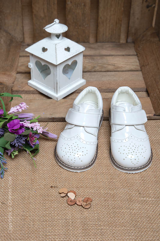 Boys White Patent Brogue Leather Velcro Shoes