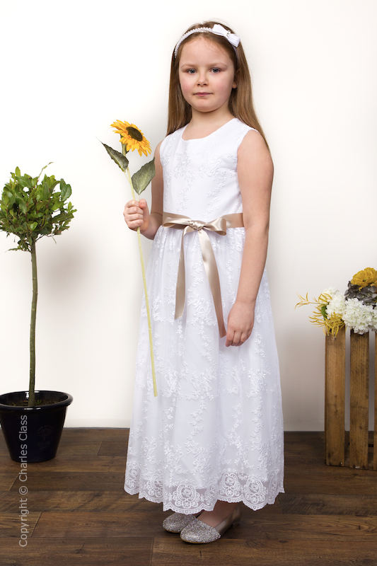 Girls White Lace Dress & Mink Taupe Satin Sash - Eva