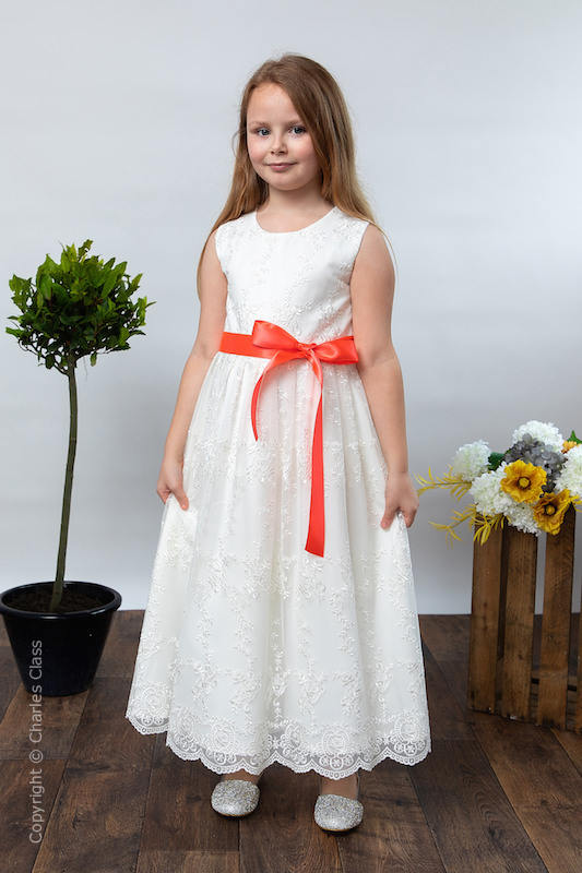 Girls Ivory Lace Dress & Bright Coral Satin Sash - Eva