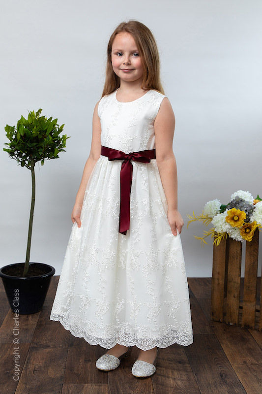 Girls Ivory Lace Dress & Burgundy Satin Sash - Eva