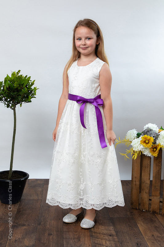 Girls Ivory Lace Dress & Cadbury Purple Satin Sash - Eva