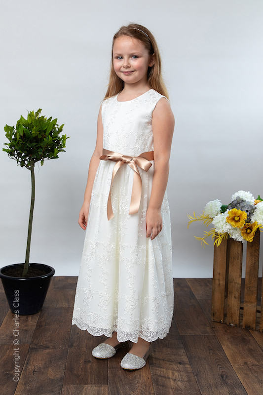 Girls Ivory Lace Dress & Caramel Satin Sash - Eva