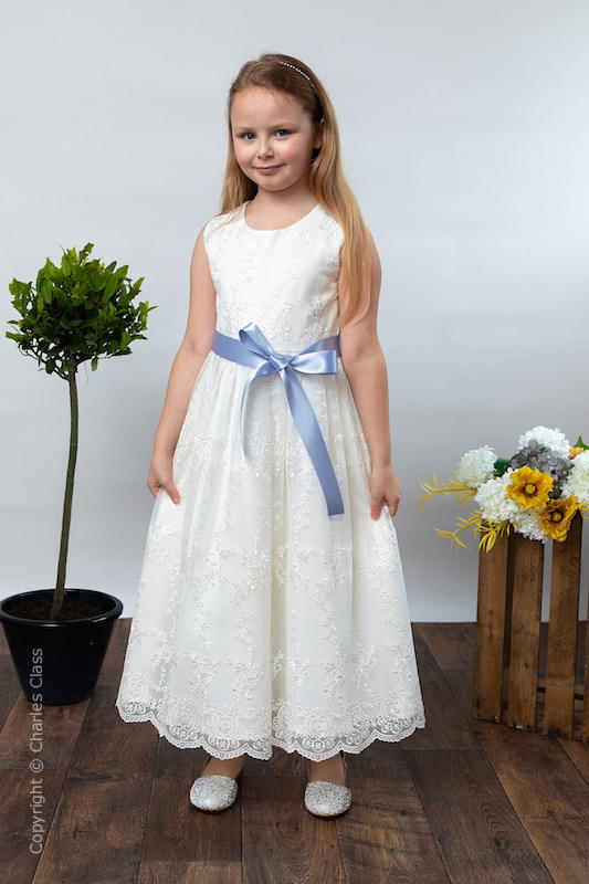 Girls Ivory Lace Dress & Cornflower Satin Sash - Eva