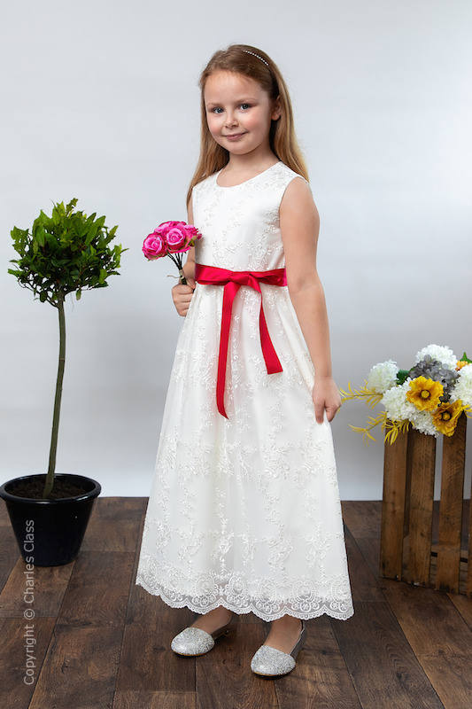 Girls Ivory Lace Dress & Fuchsia Pink Satin Sash - Eva