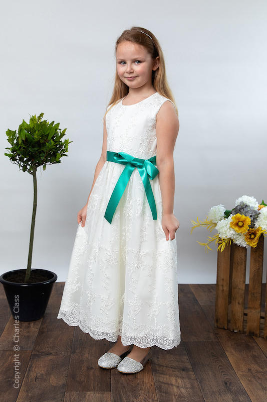 Girls Ivory Lace Dress & Jade Satin Sash - Eva