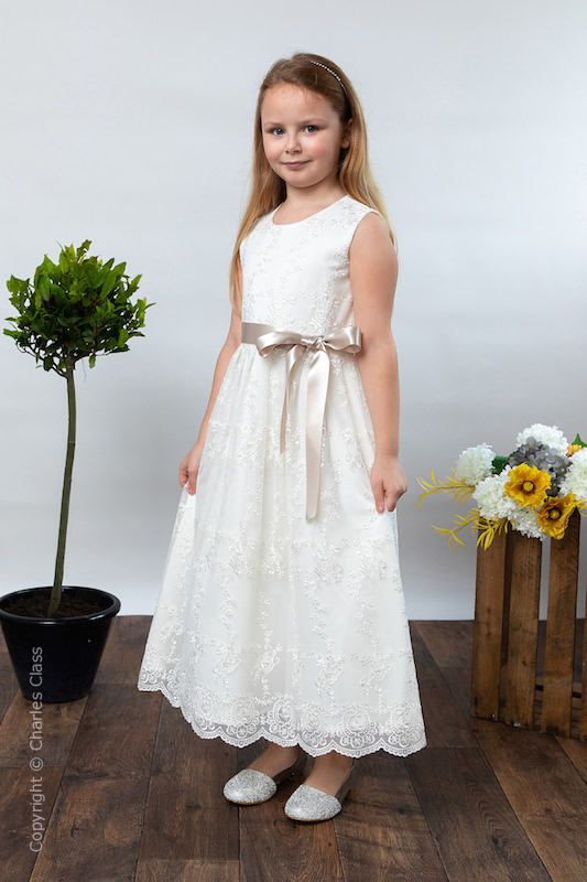 Girls Ivory Lace Dress & Mink Taupe Satin Sash - Eva