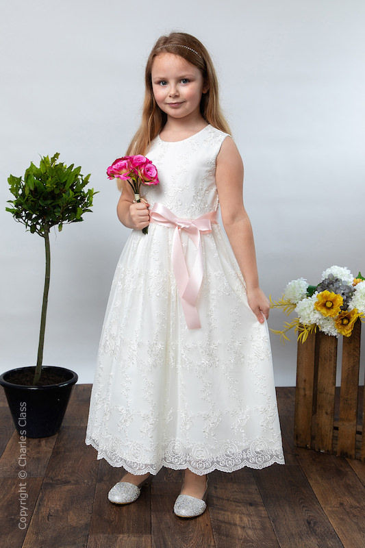 Girls Ivory Lace Dress & Pale Pink Satin Sash - Eva