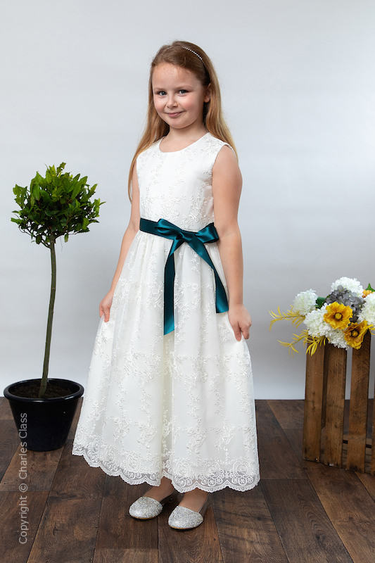 Girls Ivory Lace Dress & Petrol Satin Sash - Eva