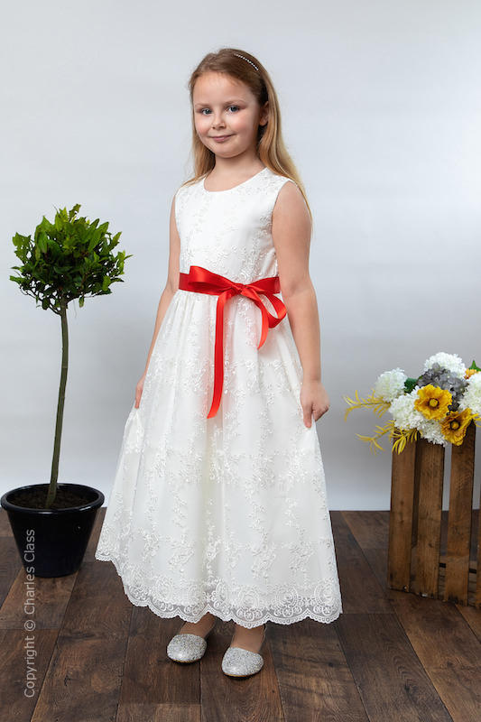 Girls Ivory Lace Dress & Red Satin Sash - Eva