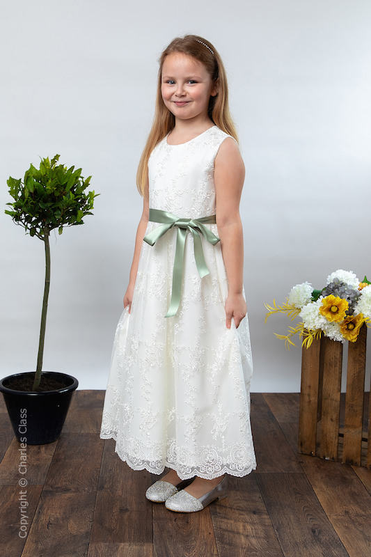 Girls Ivory Lace Dress & Sage Satin Sash - Eva