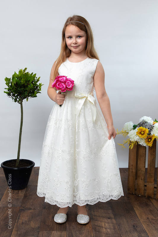 Girls Ivory Lace Dress & Satin Sash - Eva