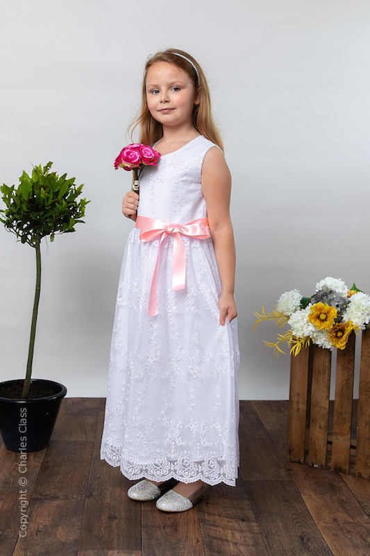 Girls White Lace Dress & Baby Pink Satin Sash - Eva