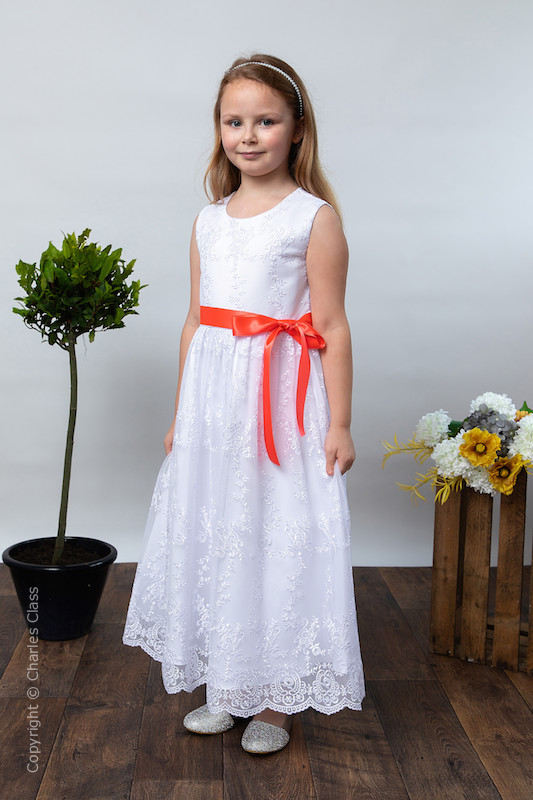 Girls White Lace Dress & Bright Coral Satin Sash - Eva