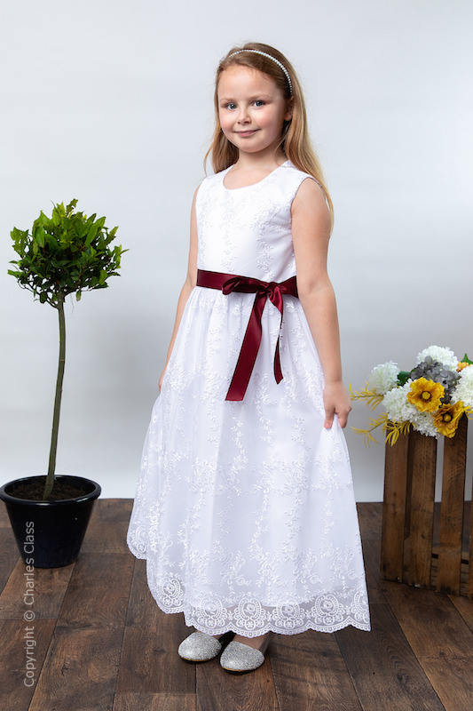 Girls White Lace Dress & Burgundy Satin Sash - Eva